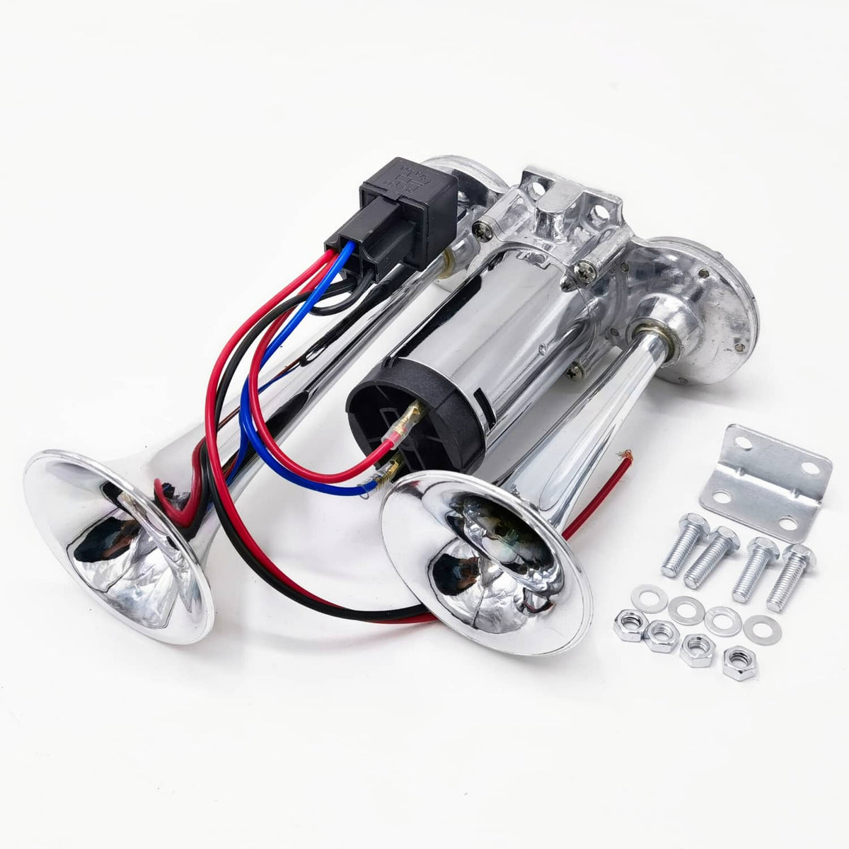 Dual trumpet 12V electric car horn with chrome trumpets and mounting hardware