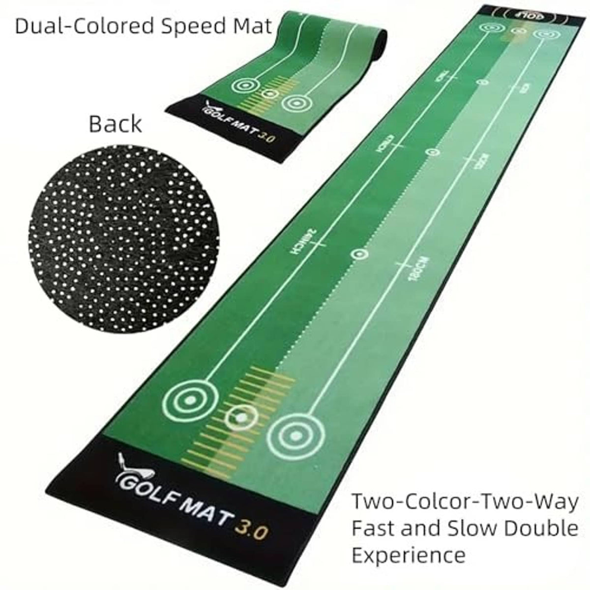 Green dual-colored golf putting practice mat with black backing and speed track