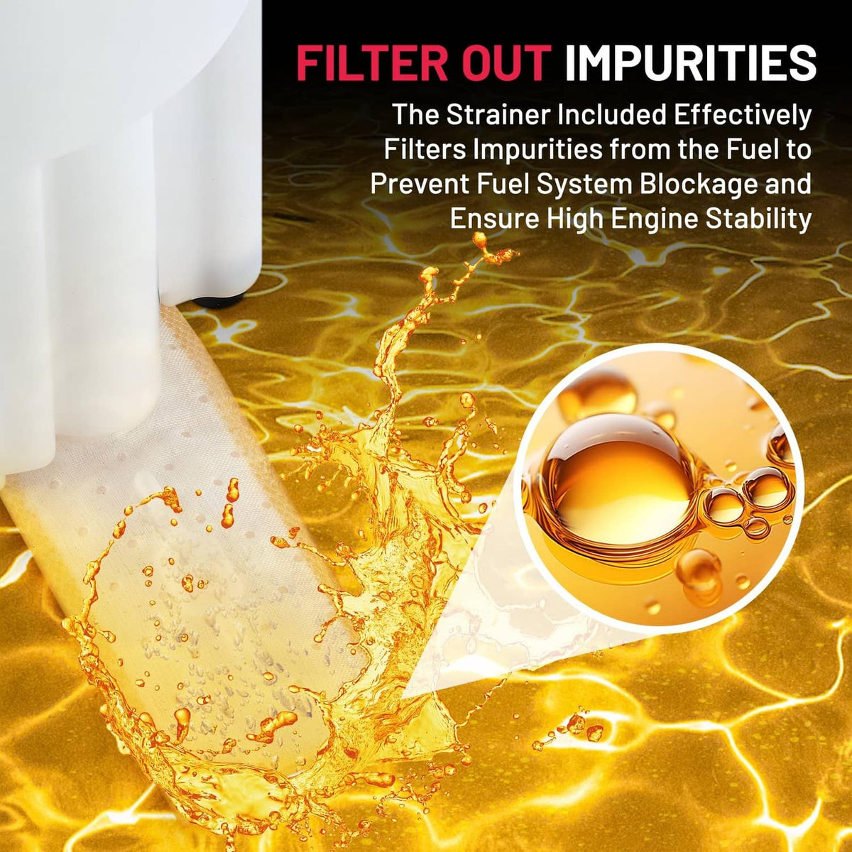 Fuel pump module strainer filter with flowing fuel to help remove impurities