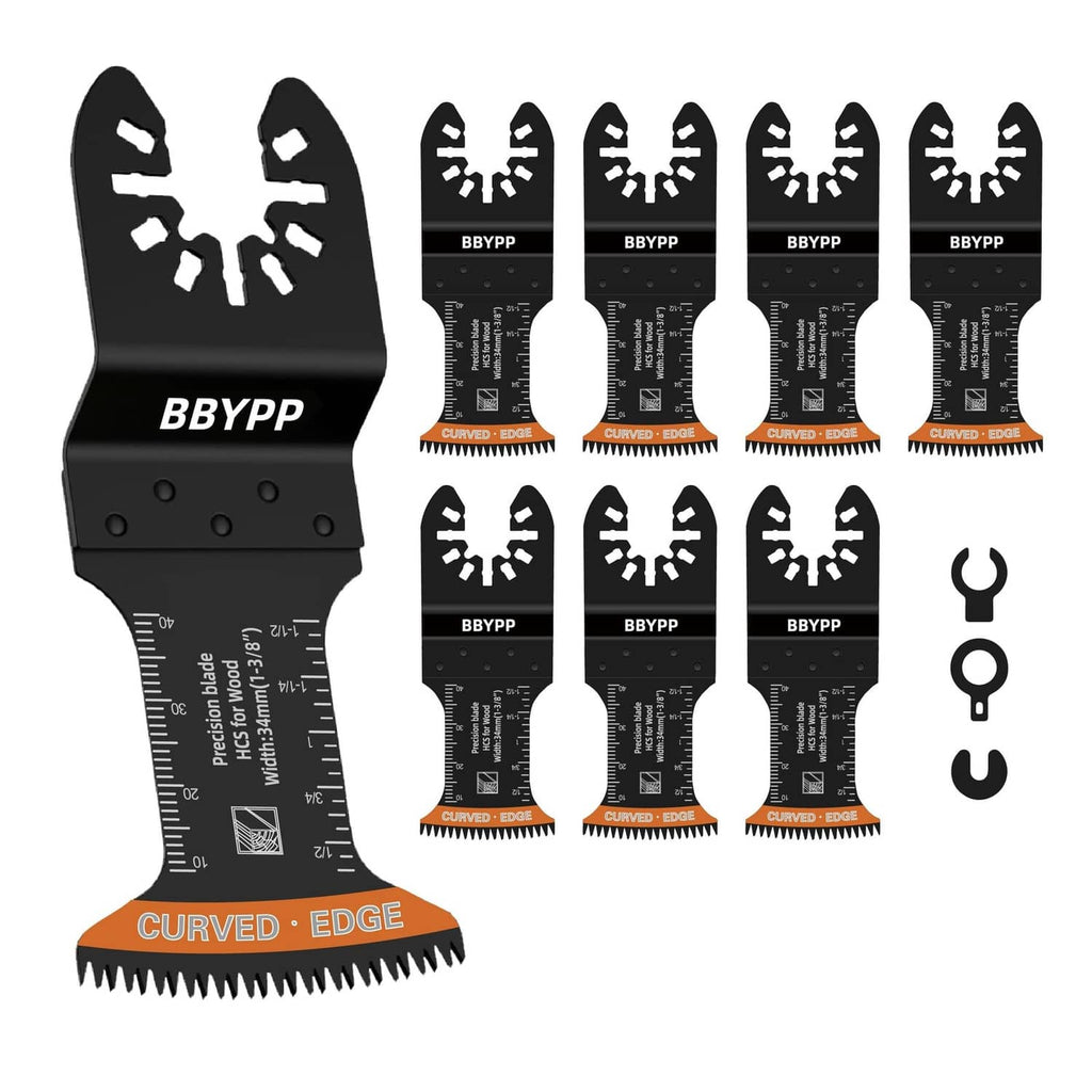 7-piece oscillating saw blade set with black curved-edge Japanese teeth, BBYPP marks
