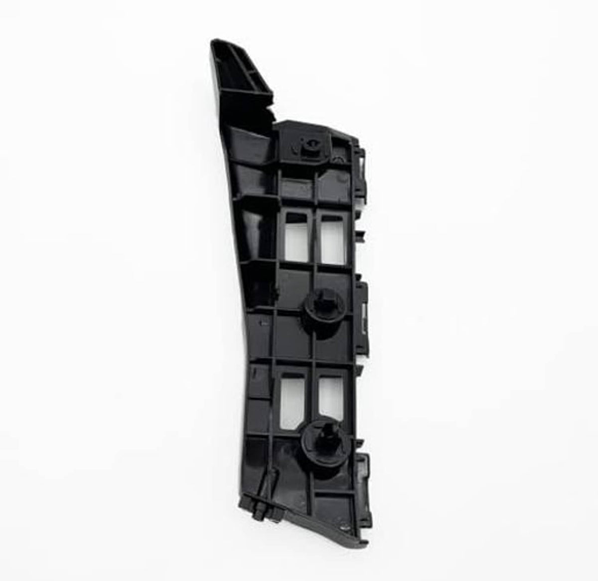 Black right front bumper bracket side piece with mounting posts and circular recesses