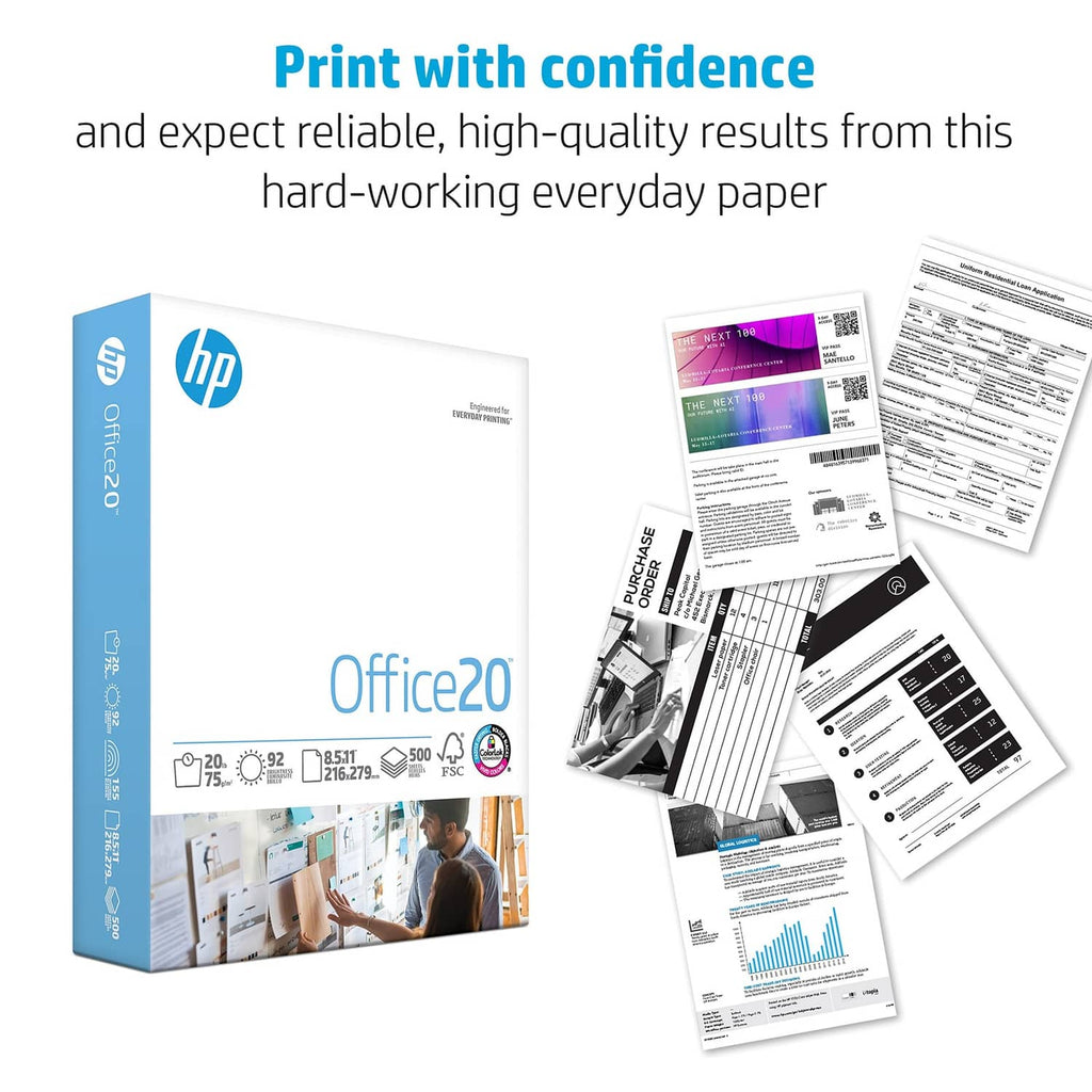 HP Office20 printer paper with stack and printed document samples