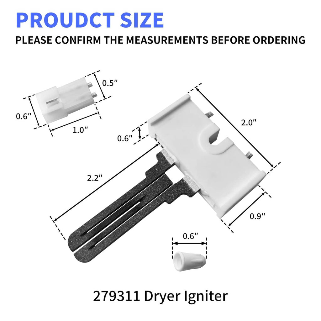 Gas dryer igniter replacement kit with white module, black tip, and connector wires