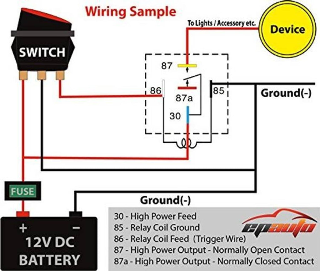 Wiring sample diagram for 12V SPDT relay harness with labeled ground and pin links