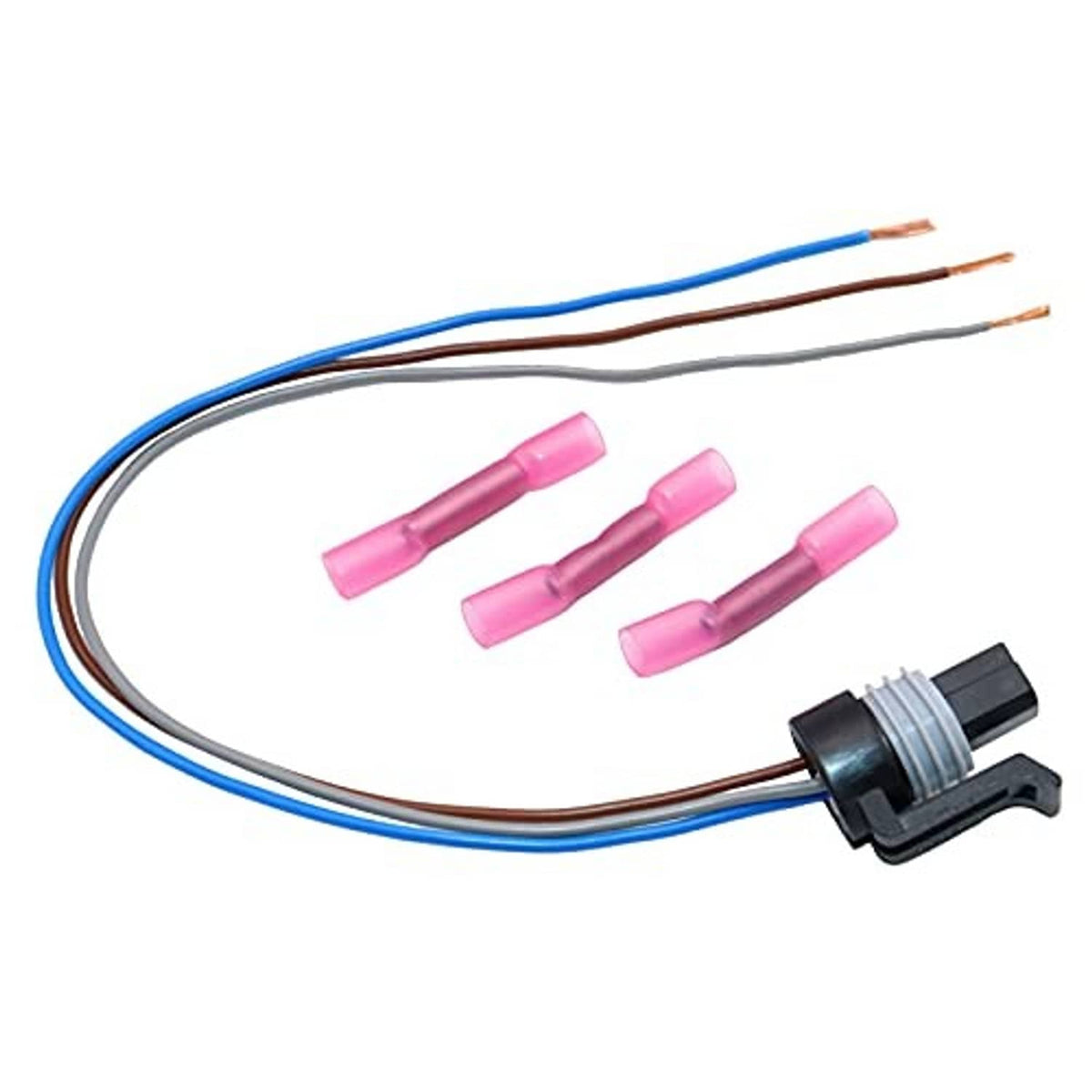 Sensor connector pigtail harness with three pink terminals and blue, brown, gray wires