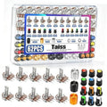 Potentiometer kit in clear plastic case with multicolor knobs and metal rotary components