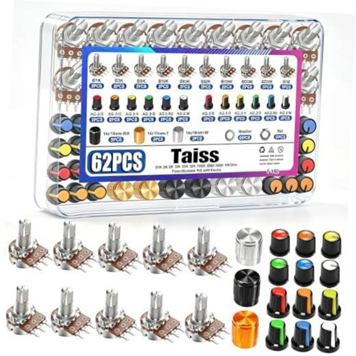 Potentiometer kit in clear plastic case with multicolor knobs and metal rotary components