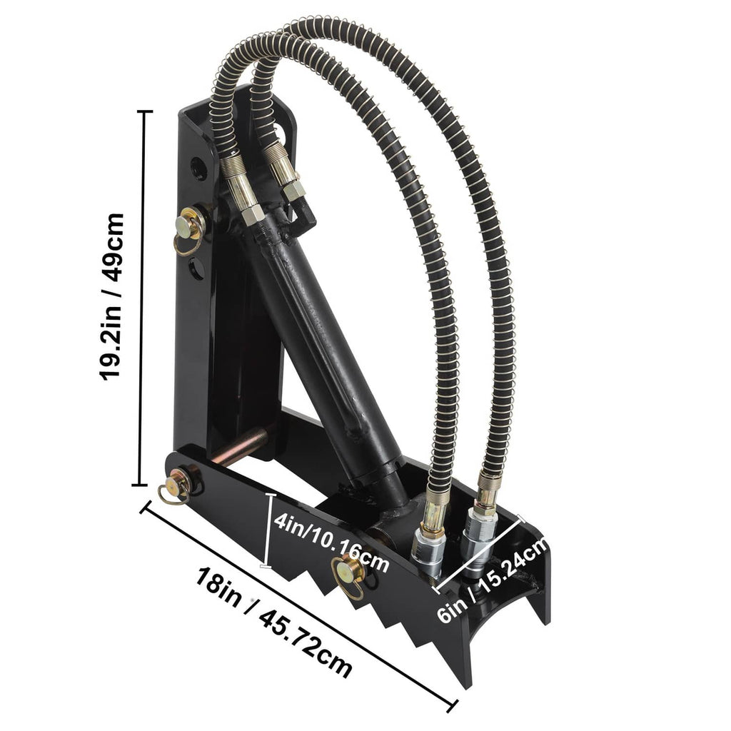 Black steel backhoe thumb claw with toothed jaws and coiled hydraulic lines