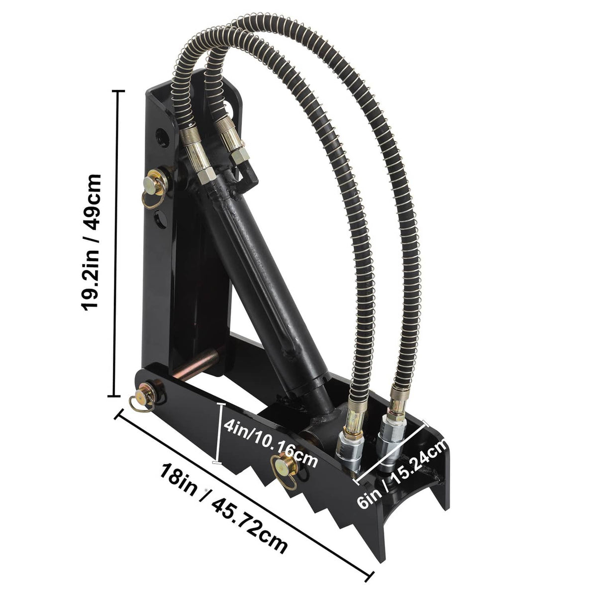 Black steel backhoe thumb claw with toothed jaws and coiled hydraulic lines