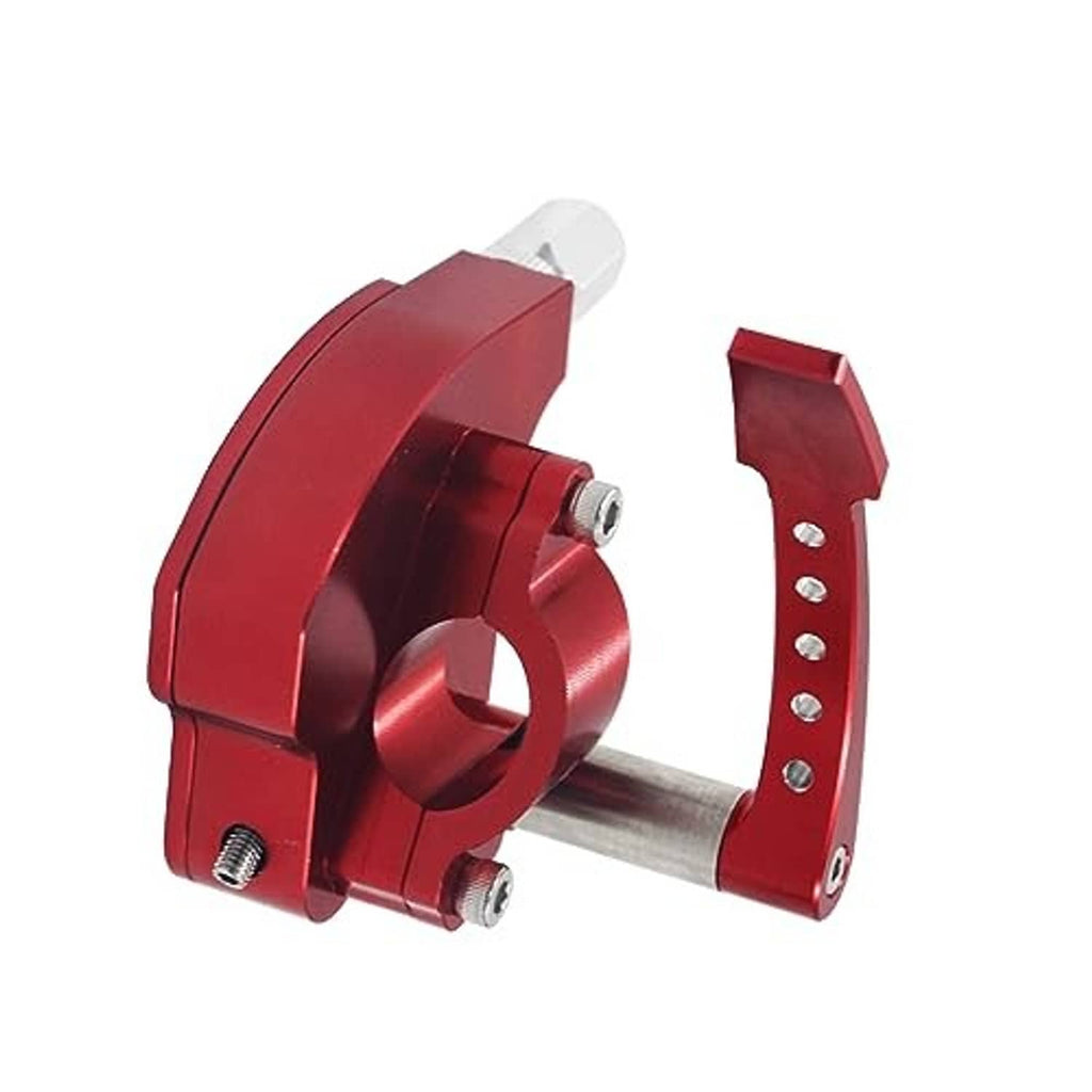 Red billet throttle thumb assembly clamp with pivot ring and silver axle post