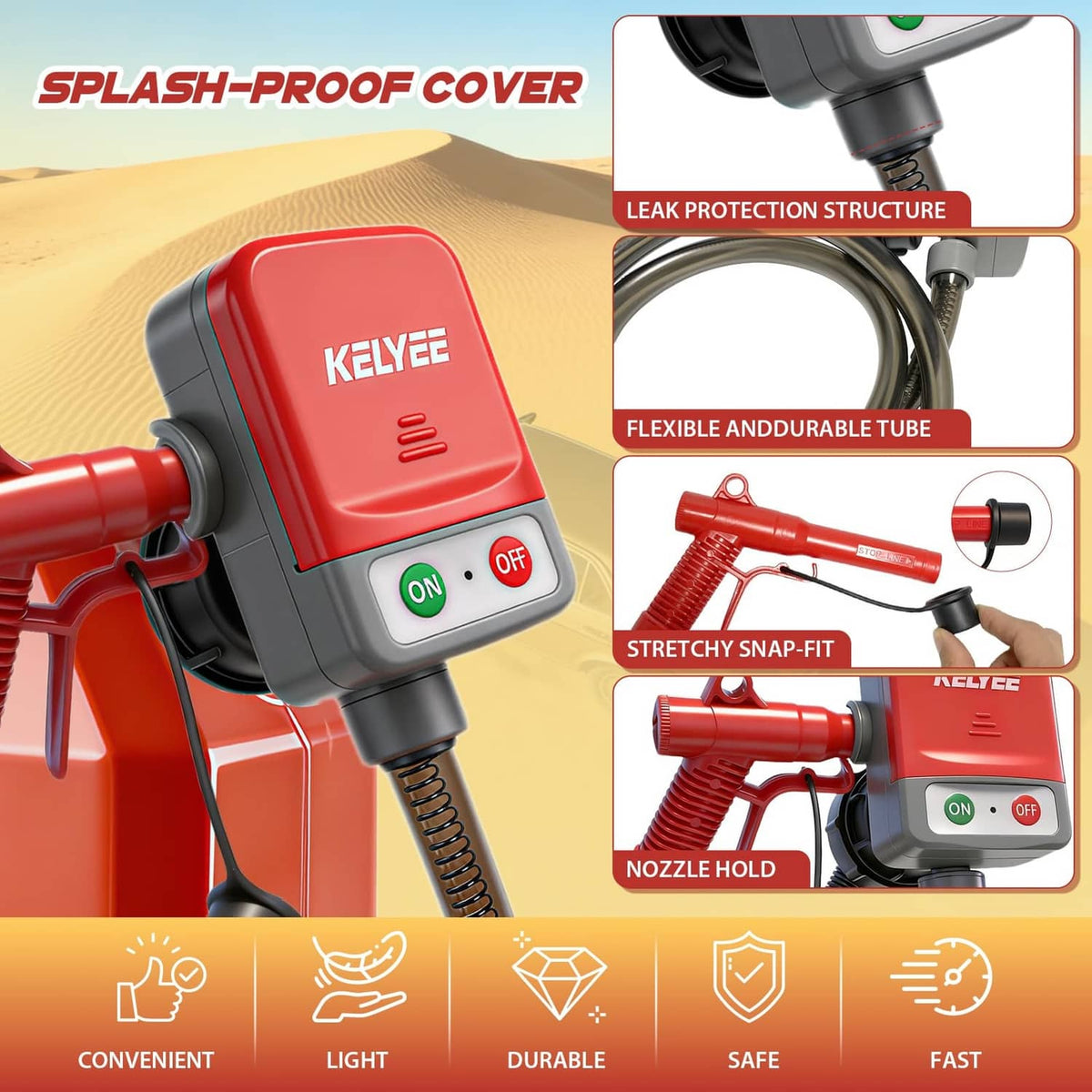 Red fuel transfer pump with splash-proof cover, flexible tube, and snap-fit nozzle