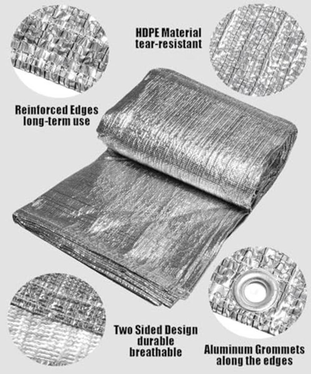 Silver two-sided mesh sun shade cloth folded stack with reinforced edges and grommet holes
