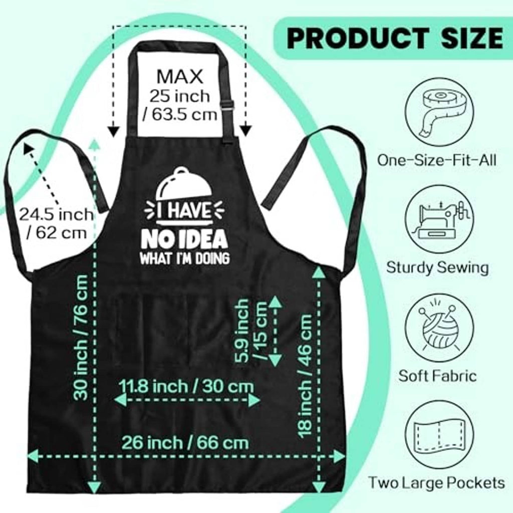 Black apron layout with measurement diagram and two large pockets callout
