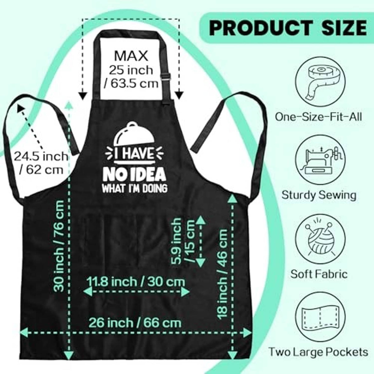 Black apron layout with measurement diagram and two large pockets callout