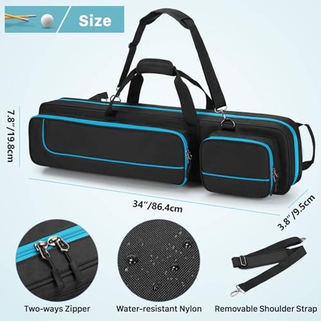 Black pool cue case with blue trim, removable shoulder strap and dual zippers