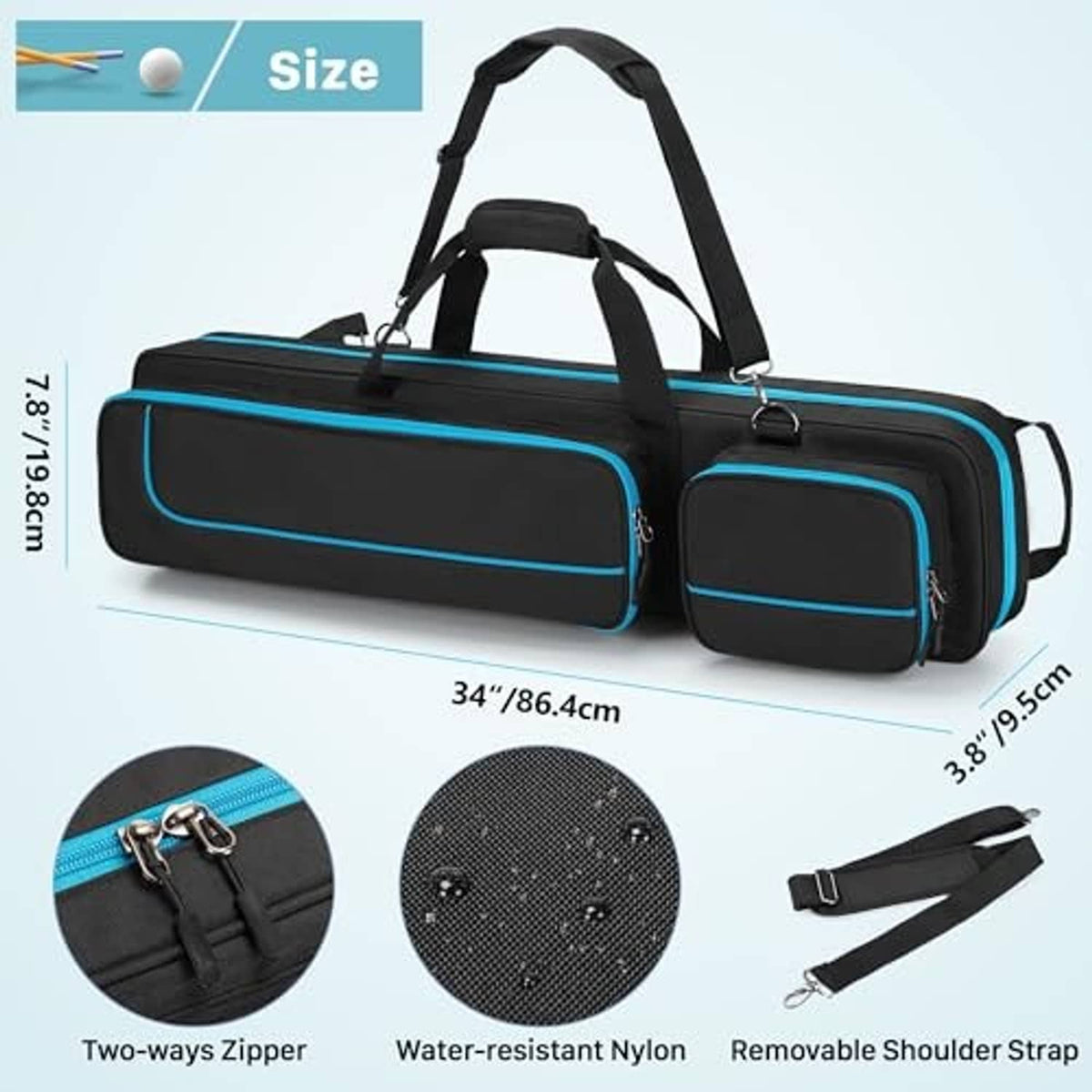 Black pool cue case with blue trim, removable shoulder strap and dual zippers