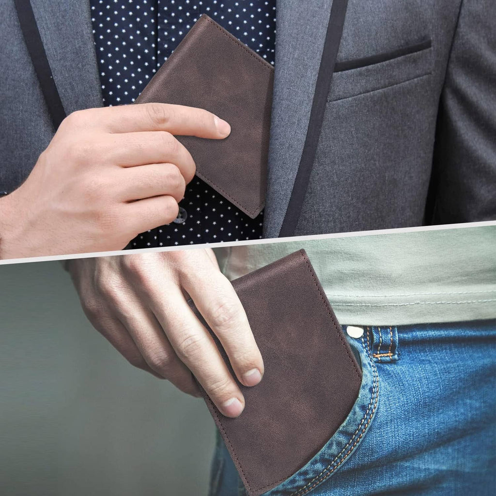 Dark brown slim bi-fold wallet being pulled from a front pocket