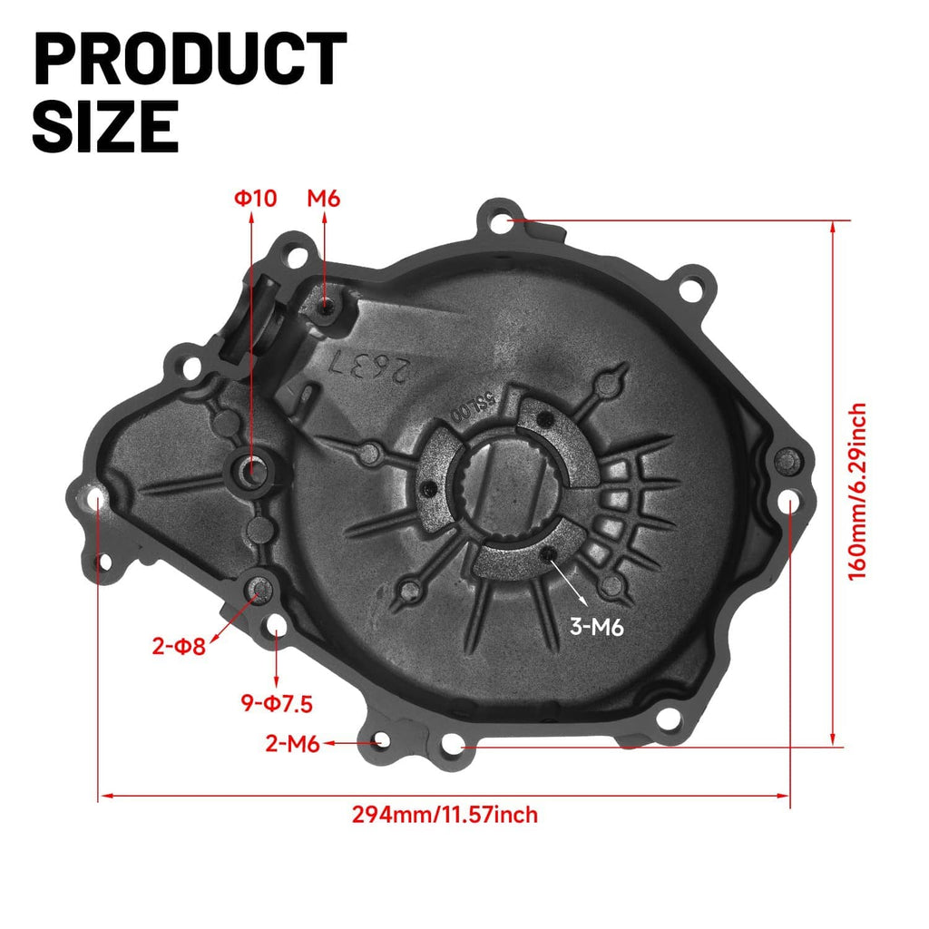 Left engine crankcase stator cover dimensions diagram with mounting points