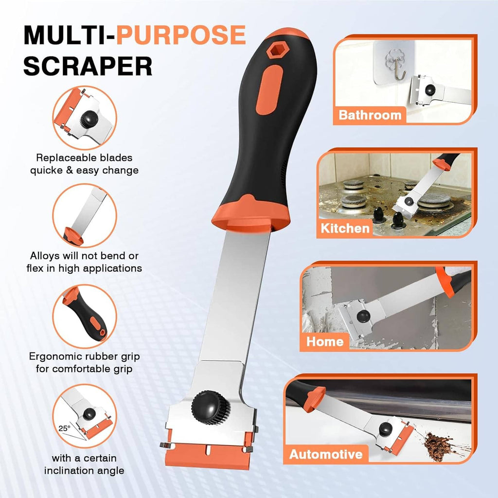 Multi-purpose razor blade scraper tool with black handle, orange trim, and spare blade set