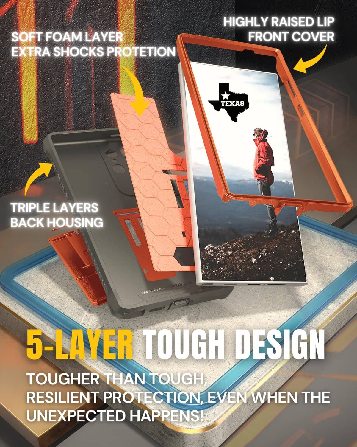 Orange and gray phone case showing layered shock protection design