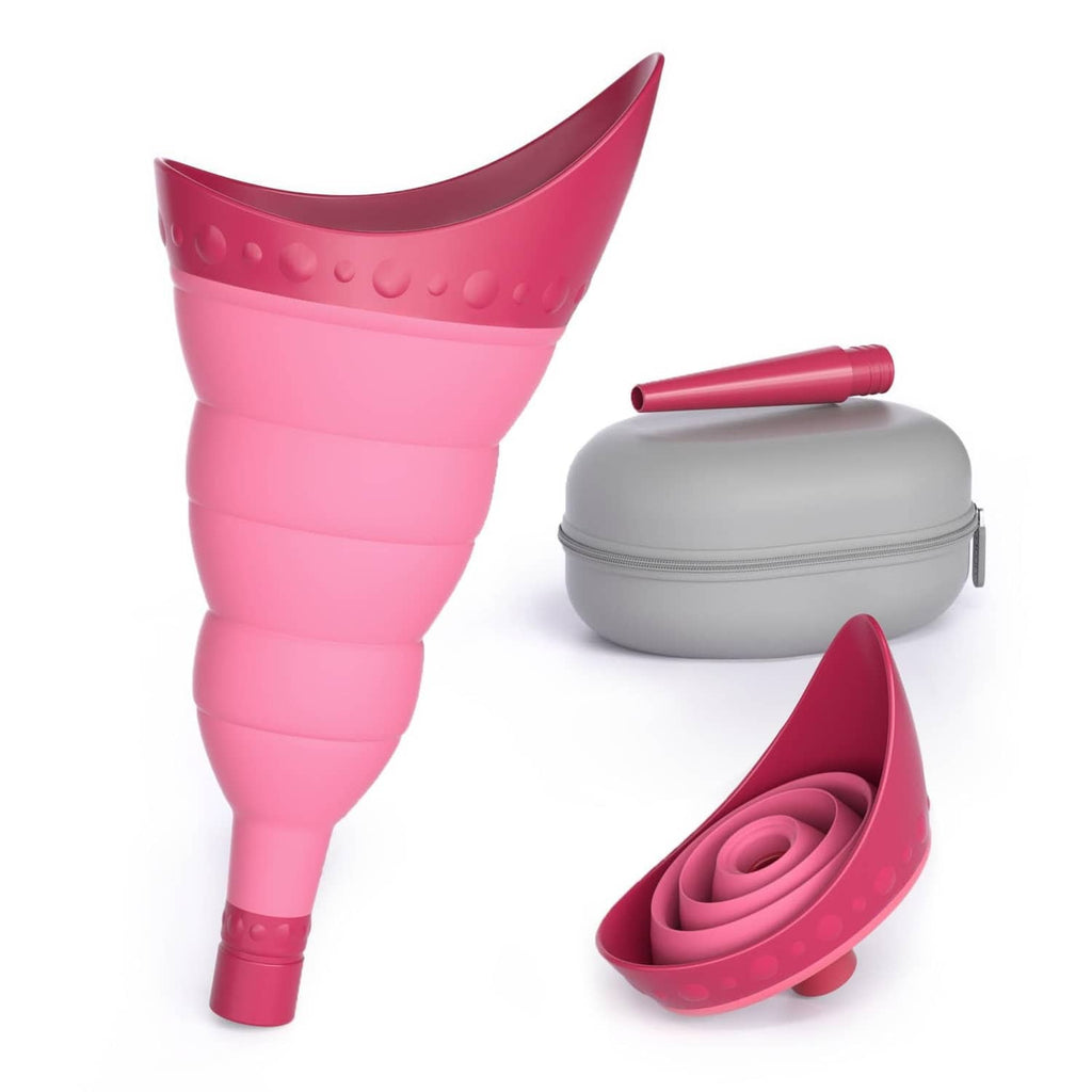 Pink foldable female urinal device with cap, extension tube, and gray storage case