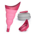 Pink foldable female urinal device with cap, extension tube, and gray storage case