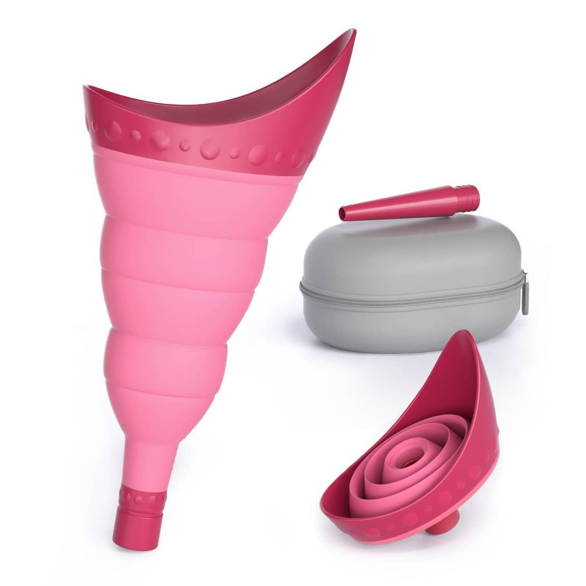 Pink foldable female urinal device with cap, extension tube, and gray storage case