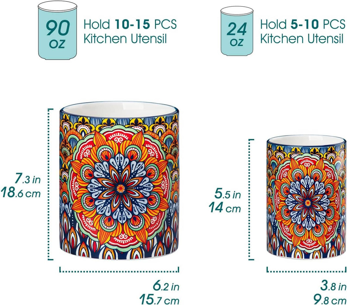 Two colorful ceramic kitchen utensil holders with floral mandala pattern and blue trim