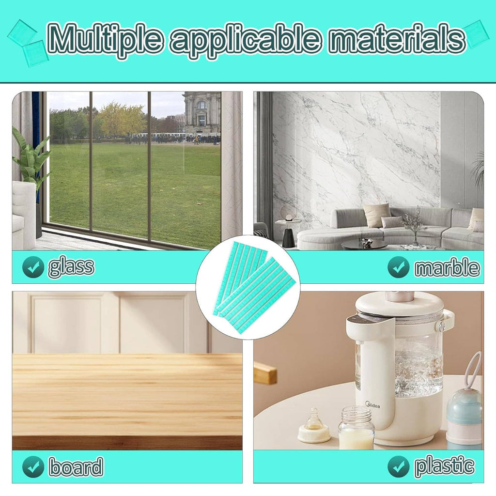 Adhesive putty for multiple surfaces, shown with glass, marble, wood and plastic icons