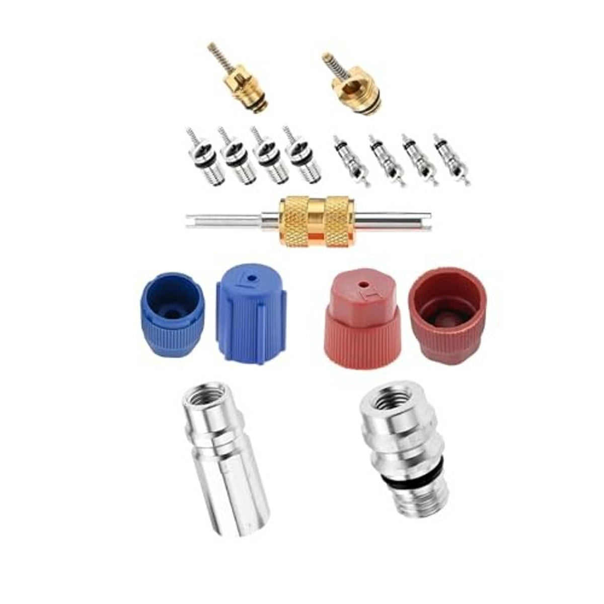 Air conditioning valve core kit with blue and red service port seal caps and remover tools