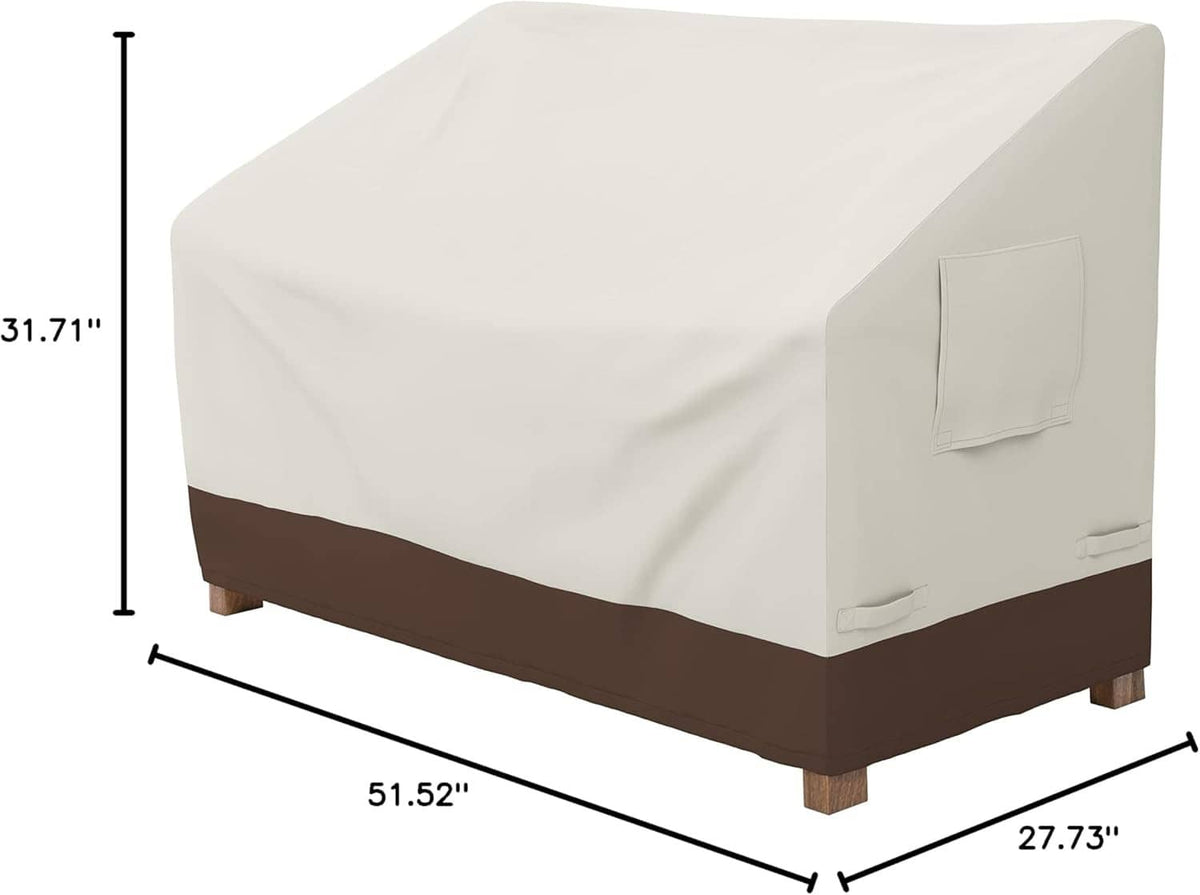 2-seater outdoor couch cover, cream top with brown base band and corner seams.