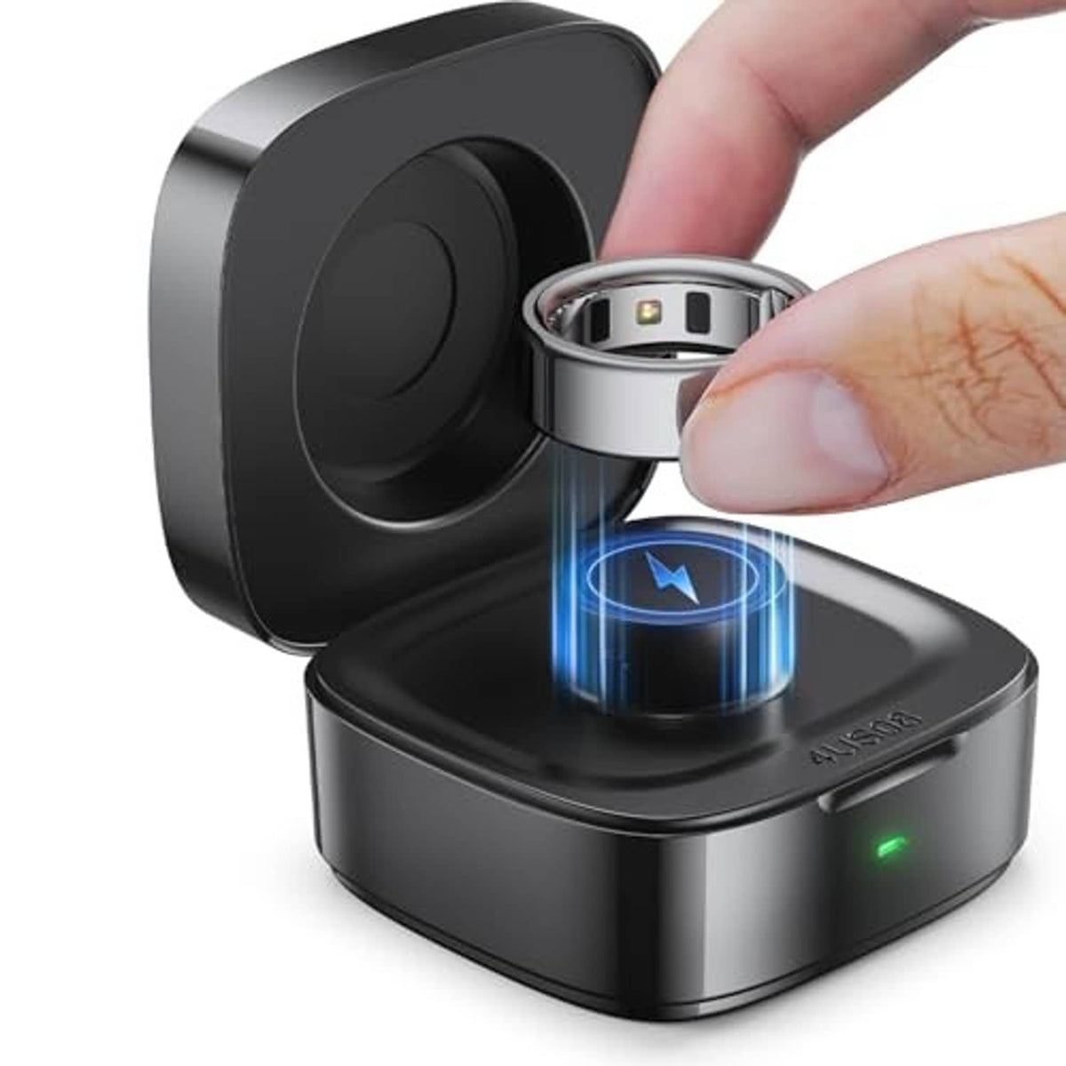Black charging case with ring docked in the open holder