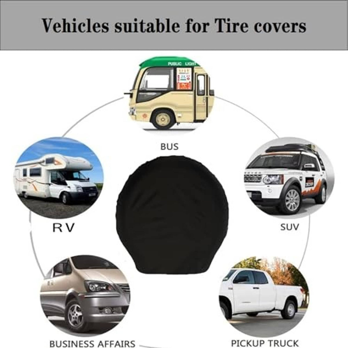 Black tire cover for RV, SUV, bus, and pickup truck wheel protection