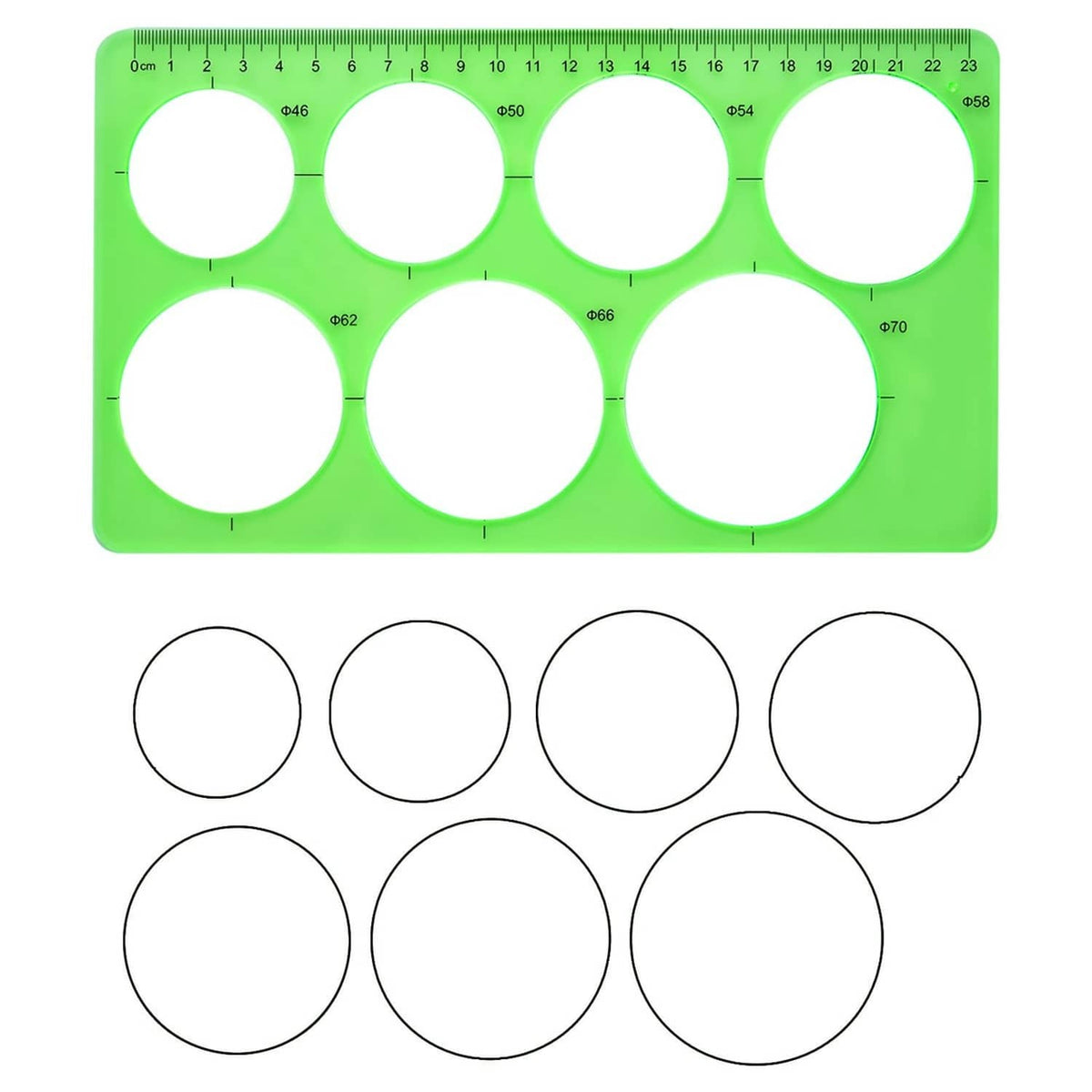 Green plastic circle template sheet with measurement markings and circle cutouts