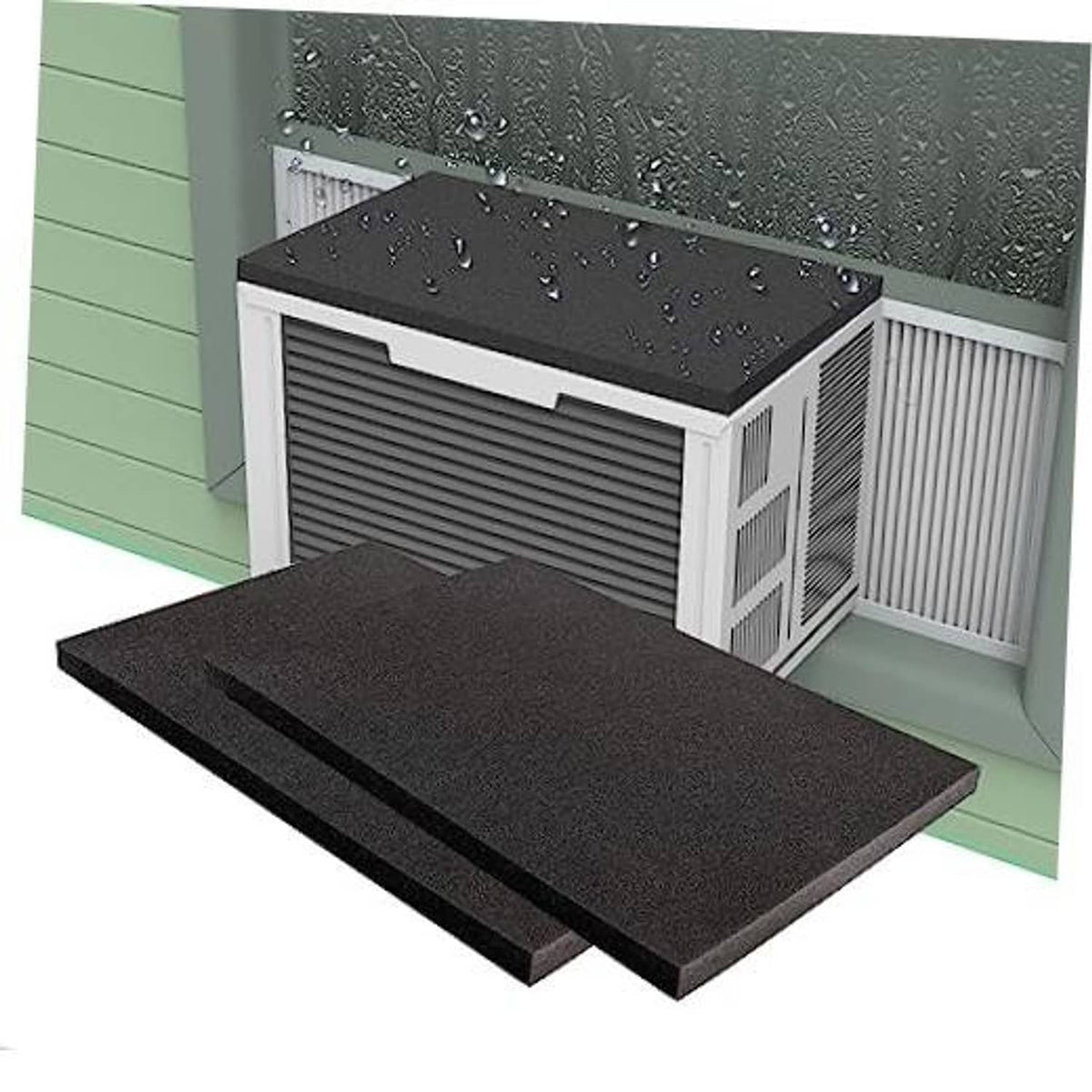 Black window AC drip cushion set on the outdoor unit platform, folded layered top