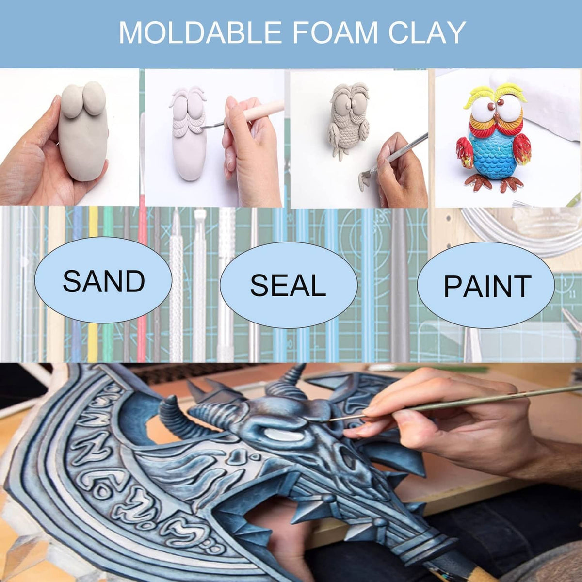 Moldable foam clay pieces and sculpted shapes with sand, seal, paint steps