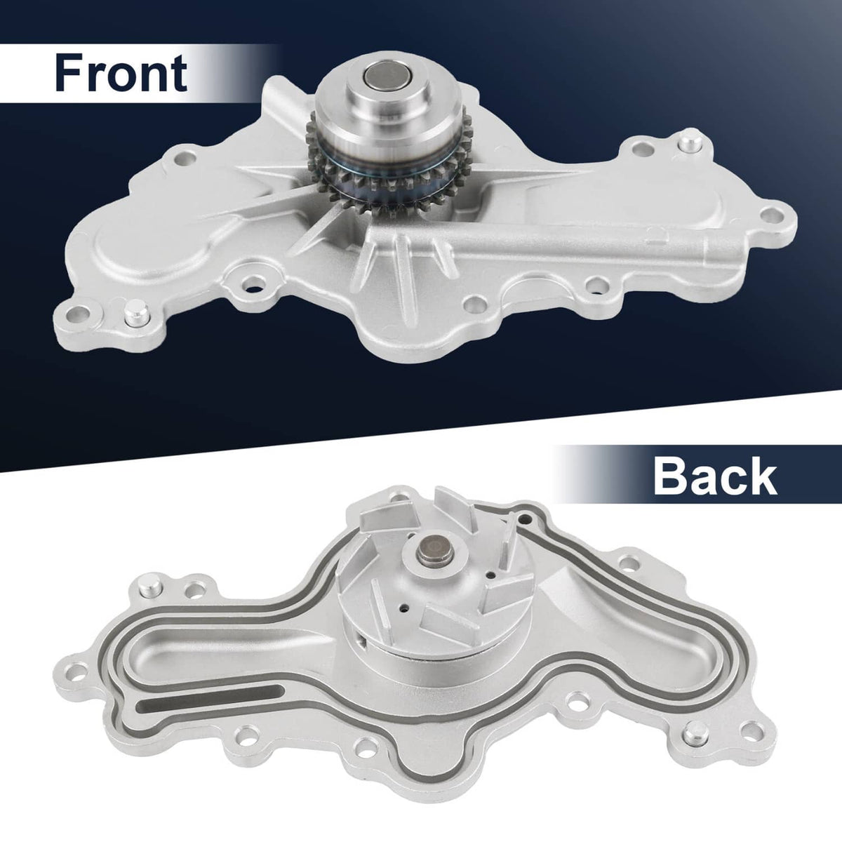 Water pump assembly, front and rear views of the aluminum coolant housing.