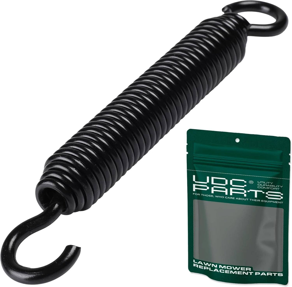 Black extension tension spring with hooked ends for mower replacement