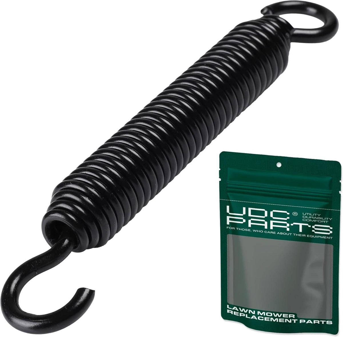 Black extension tension spring with hooked ends for mower replacement