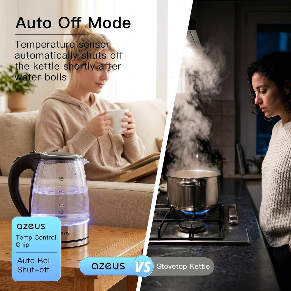 Electric kettle auto-off mode comparison: kettle on table and steaming kettle on stove