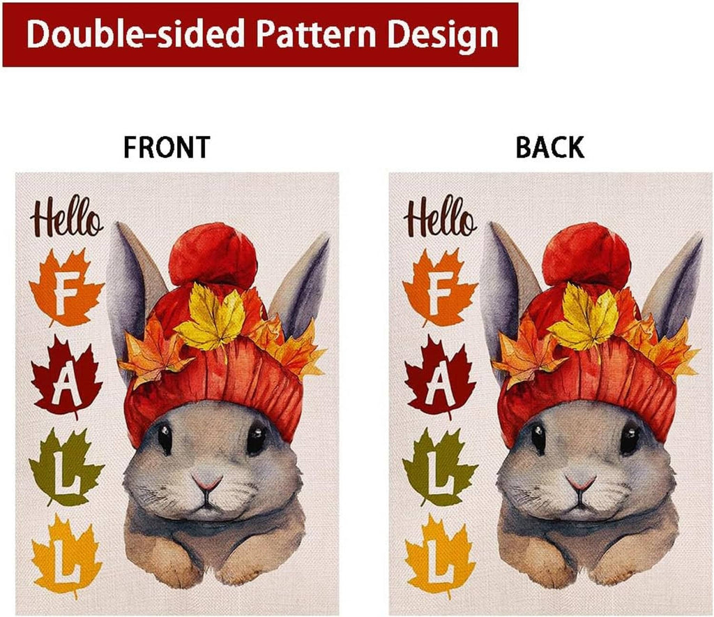 Hello Fall double-sided rabbit garden flag front and back views with 'Hello' letters