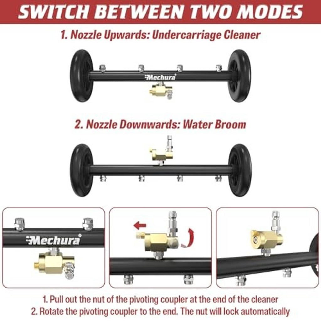 Undercarriage cleaner attachment showing nozzle switching between undercarriage and broom modes