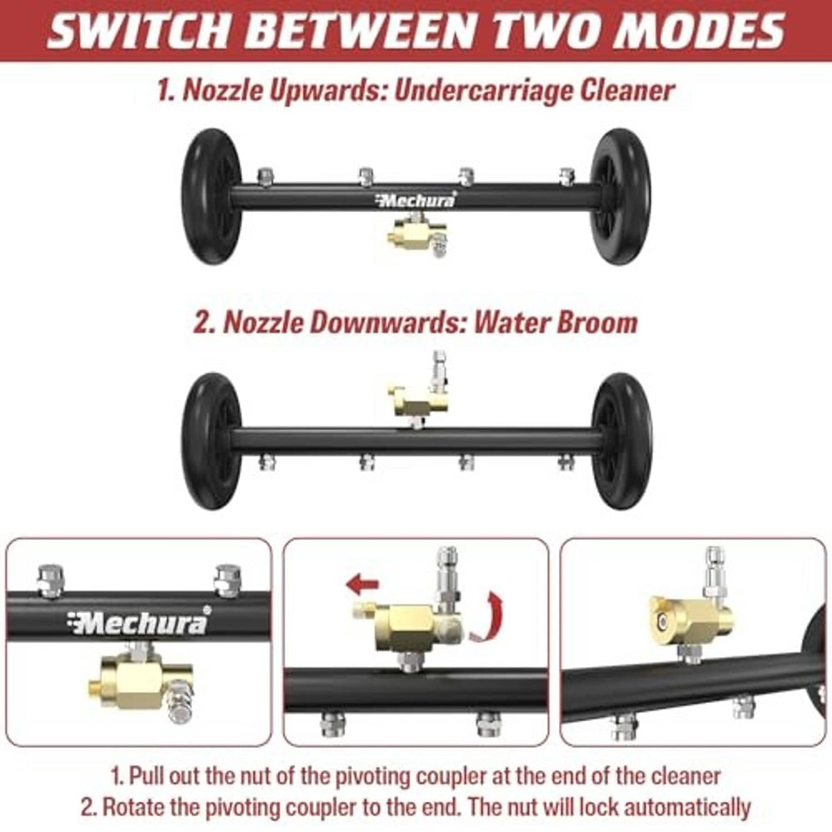 Undercarriage cleaner attachment showing nozzle switching between undercarriage and broom modes