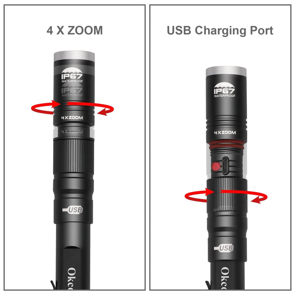 Okcomuy black pocket pen light showing USB charging port and 4X zoom head