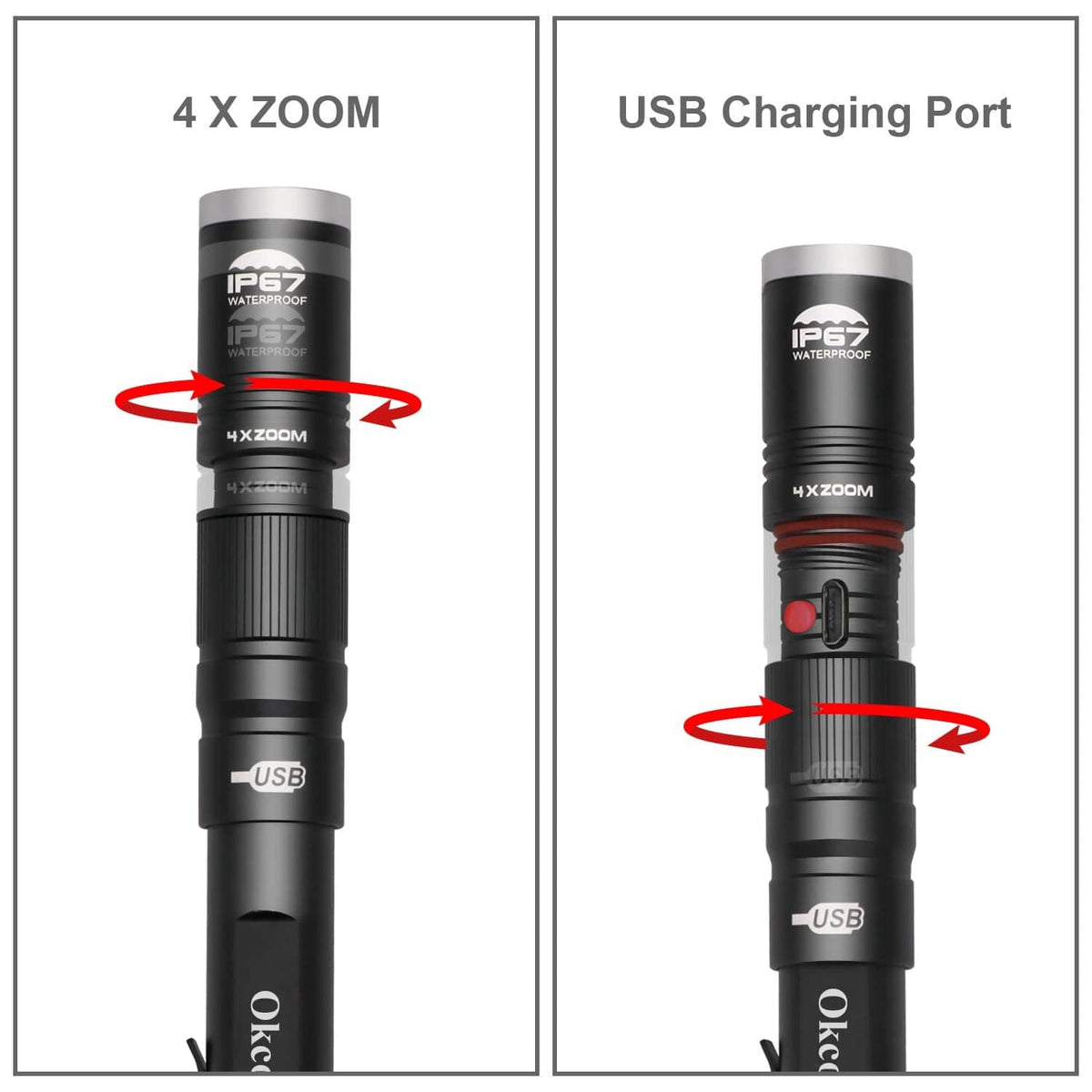 Okcomuy black pocket pen light showing USB charging port and 4X zoom head