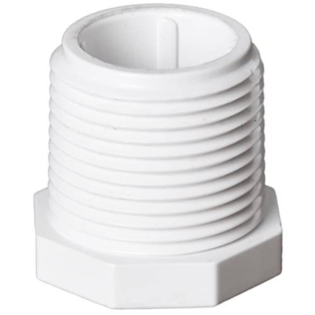 White PVC male threaded cleanout plug drain end cap with hex base and internal opening