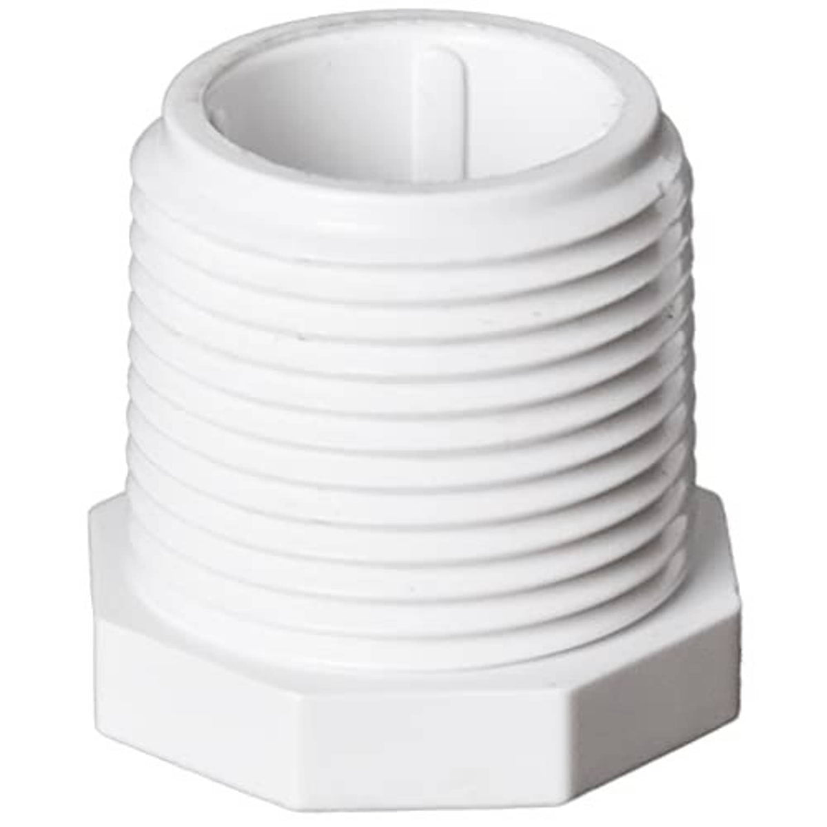 White PVC male threaded cleanout plug drain end cap with hex base and internal opening