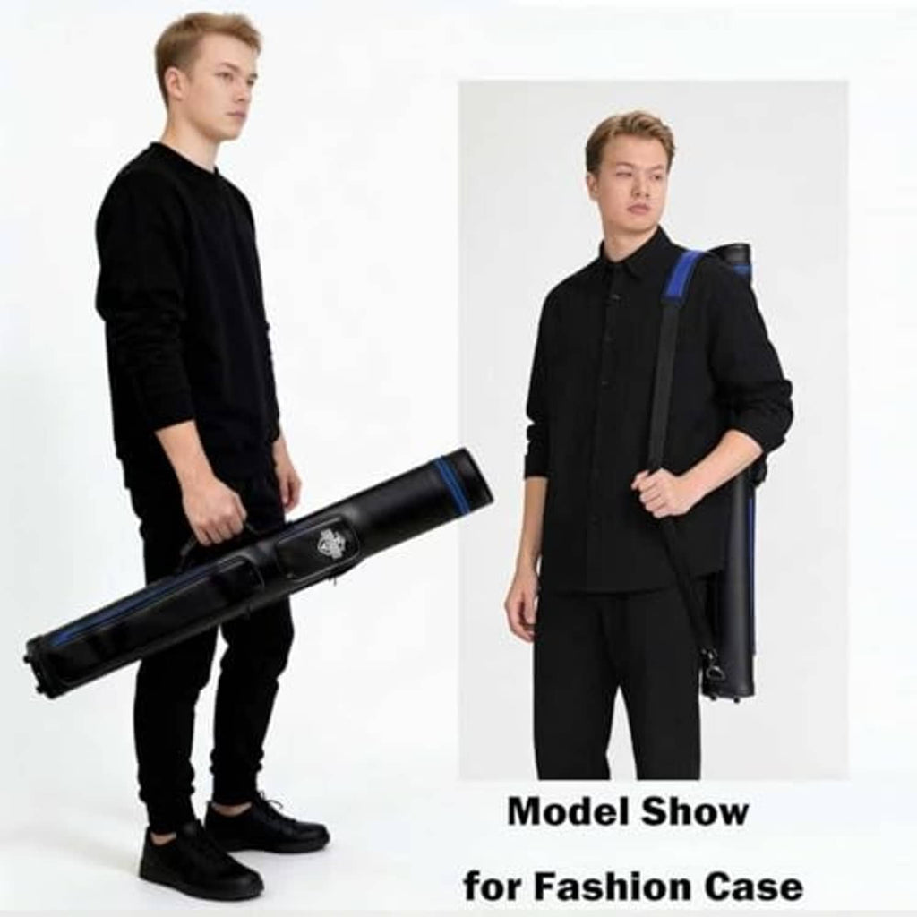 Black hard-shell pool cue case with blue strap accents carried by a person