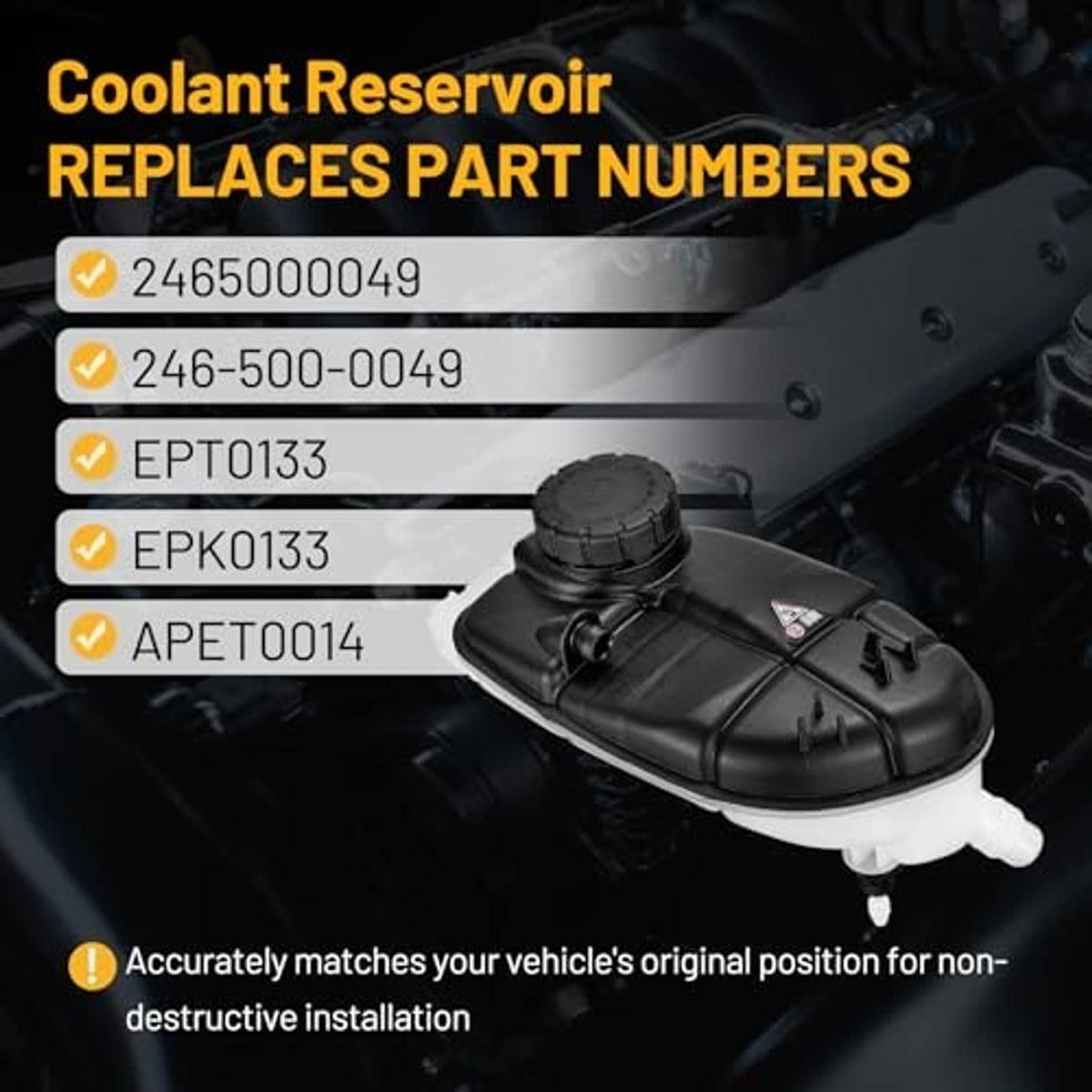 Coolant expansion overflow tank with black cap and integrated outlets, white reservoir body