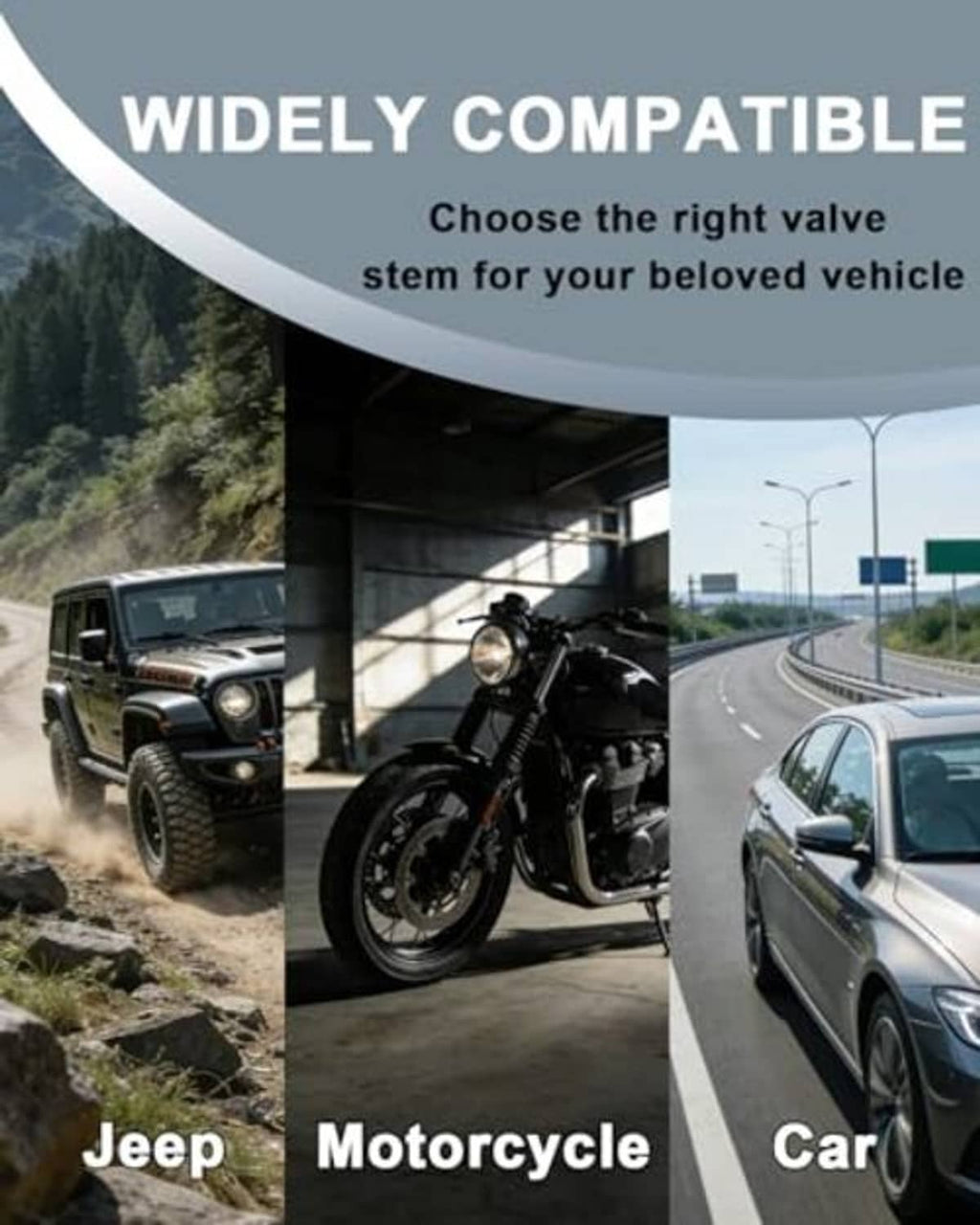 Clamp-in tire valve stems for Jeep, motorcycle, and car wheels